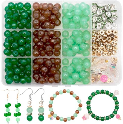 Dotilili Perlen für Armbänder 8mm, Grün St. Patrick's Runde Natürliche Edelsteine Glasperlen zum Auffädeln Halsketten Selber Machen Perlen mit Strass Abstandshalter für DIY Basteln Schmuckherstellung