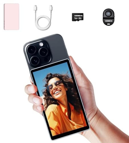 Shimbol CP5 5 Telefon-Vlog-Selfie-Monitor-Bildschirm mit 1080P-Touchscreen-Selfie-Monitor, Legierungsschale und Bluetooth-Fernbedienung mit Rosa Magnetischer Silikonhülle für iPhone-Android-Vlogging