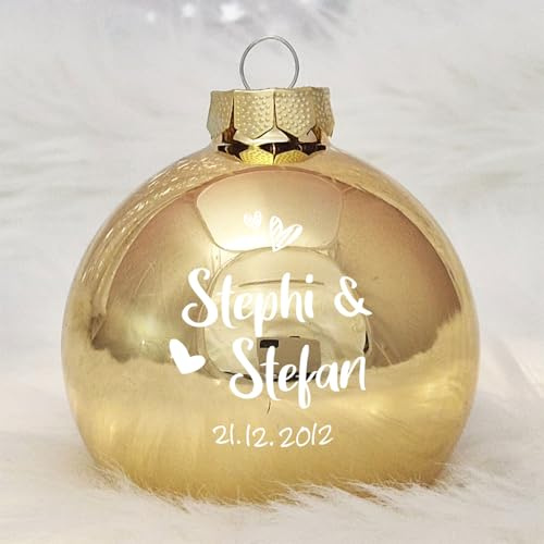 Personalisierte Weihnachtskugel mit eigenem Namen aus Echtglas, 8 cm (02_Gold, Herz & Datum)