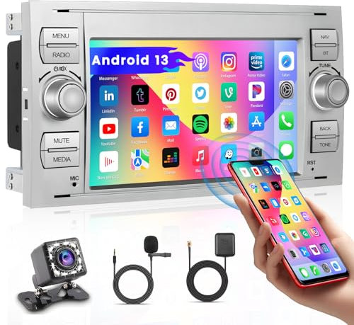 Hikity Android 15 Autoradio für Ford Fiesta Focus Mondeo Transit Kuga C-Max S-Max, Wireless Mirror Link 7 Zoll Touchscreen Radio mit WiFi Bluetooth GPS Navi FM RDS EQ SWC Split Screen(1+32GB White)