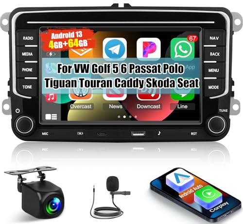 [4+64G] Autoradio Android per VW Golf 5 6 Passat Polo Tiguan Touran Caddy Skoda Seat con Carplay Wireless e Android Auto - 7 Touchscreen Radio con WiFi DSP EQ FM/RDS Radio + Telecamera di Backup