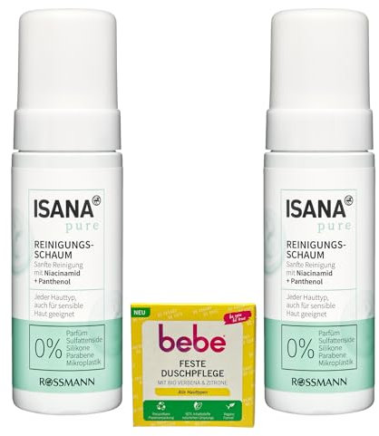 2x ISANA Pure sanfter Reinigungsschaum | jeder Hauttyp, auch für sensible Haut geeignet | Niacinamid & Panthenol | 2x 150 ml (300ml) | 1x Bebe feste Duschpflege