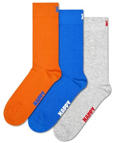 Happy Socks Classic Crew Socken für Damen und Herren – Einfarbig Blau, Orange & Grau – 3er-Pack, Größe 41–46