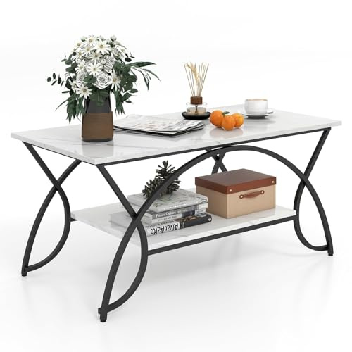FANTASK Wohnzimmertisch, Sofatisch mit Ablage & Metallgestell, Couchtisch Marmor Optik, Beistelltisch, Kaffeetisch für Wohnzimmer, 100 x 50 x 45 cm (Schwarz-weiß)