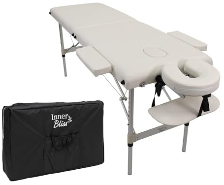Inner Bliss Portable Massage Table 2 Section Folding Lash Bed with Aluminium Frame and Face Cradle | Lightweight Spa Couch for Beauty Salon Tattoo Therapy Treatments (White)