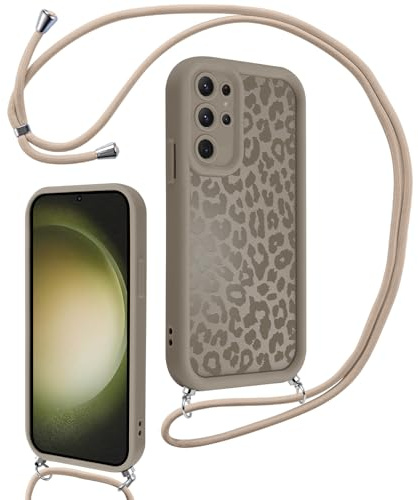 Xylota Coque avec Cordon pour Samsung Galaxy S23 Ultra 5G, Aesthetic Léopard Motif Etui avec Réglable Collier Silicone Corde Protection Case, Lanyard Housse pour Samsung S23 Ultra 5G 6,8'', Marron