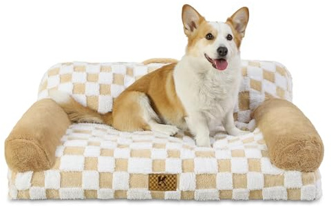 KSIIA Moyen Canapé Panier Chien Dehoussable Lavable 89x56 cm, Lit pour Chien Orthopédique, Panier Chat Moelleux Confortable, Base Antidérapante, Canapé pour Chien avec Accoudoirs et Dossier, Kaki