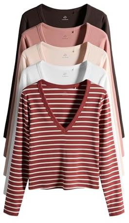 THE SET Damen gerippte Langarmshirts mit V-Ausschnitt, 5er-Pack