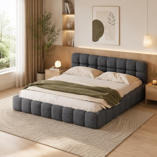 Polsterbett Doppelbett 160x200, gepolstertes Bett, Bubble-Bett mit Lattenrost, Betten 160x200 für 2 Personen, Funktionsbett Jugendbett für Erwachsene (Grau+Leinen)