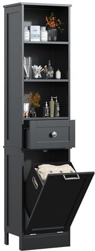 GoaHi 66.9 Tall Bathroom Cabinet with Laundry Hamper, Slim Freestanding Storage Cabinet with 3 Open Shelves, 1 Drawer, Removable Laundry Basket, for Bathroom, Kitchen, Hallway, Black