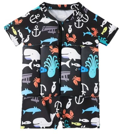 Floatie Swimsuit for Toddlers Boys Girls Floating Bathing Suit Baby Kids Float Learn to Swim Suit Floatation Beach Pool Black Ocean Pattern 2-3 Years