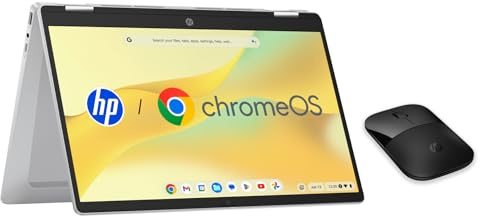 HP Chromebook x360 Laptop, 14 Touchscreen, Intel Prozessor N100, 4 GB DDR4 RAM,128GB eUFS, Intel UHD Graphics, ChromeOS Betriebssystem, QWERTZ, Gemini, Silber + HP Z3700 kabellose Maus