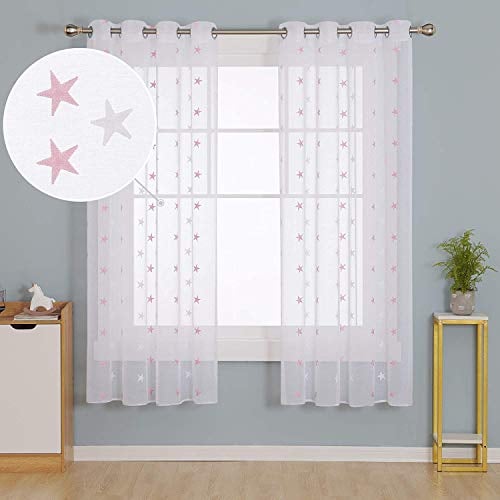 Deconovo Voile Gardinen Leinenoptik Ösenvorhang Dekoschal mit Stickerei Stern, 183x140 cm(HöhexBreite), Rosa, 2er Set