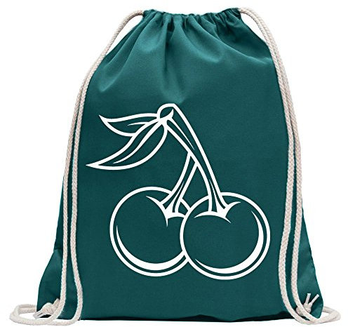 Kiwistar - Turnbeutel - petrol - Kirschen Obst Comic - Fun Rucksack Sport Beutel Gymsack Baumwolle mit Ziehgurt