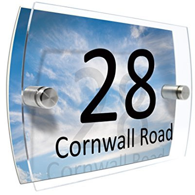 Personalised House Number Sign Printed Plaque Garden Glass Effect Acrylic Sign Door Plate Marble Wall Display 2 Part Branded Acrylic (Blue sky with white clouds background)