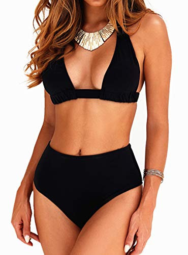 JFAN Conjuntos de Bikini para Mujer Verano Trajes de Baño de Dos Piezas de Cuello Halter Bañadores de Push Up Adelgazar de Cintura Alta Mujer Bikini Sets(A-Negro,M