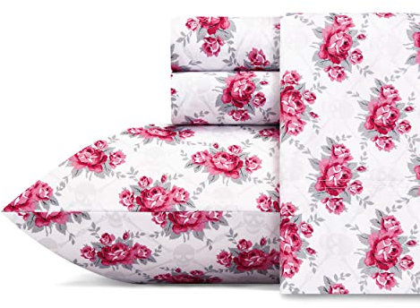 Betsey Johnson Queen-Bettlaken, weich und leicht, farbecht und knitterarm (Totenkopf-Rose, Gittermuster, Queen-Size-Bett)