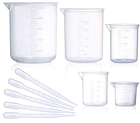 Plastic Beaker Set, 5 Sizes Low Form Measuring Graduated Griffin Polypropylene Beakers in 500 ml, 250 ml, 100 ml, 50 ml, 25 ml for Laboratory, Science Experiments with 5 Plastic Droppers in 3 ml