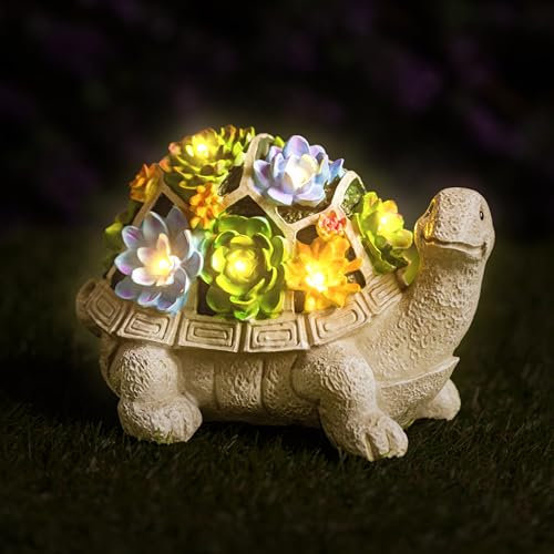 Garden Mile Solar-Powered Turtle Garden Ornaments with LED Lights & Succulent Accents - Outdoor Decor for Patio, Balcony, Yard - Birthday Gifts for Women, Mum, Unique Tortoise Statue