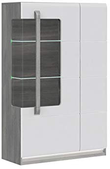 Meuble vitrine 2 Portes Blanc laqué et décor chêne Gris avec éclairage LED - Design Contemporain - Collection ALEXIANE