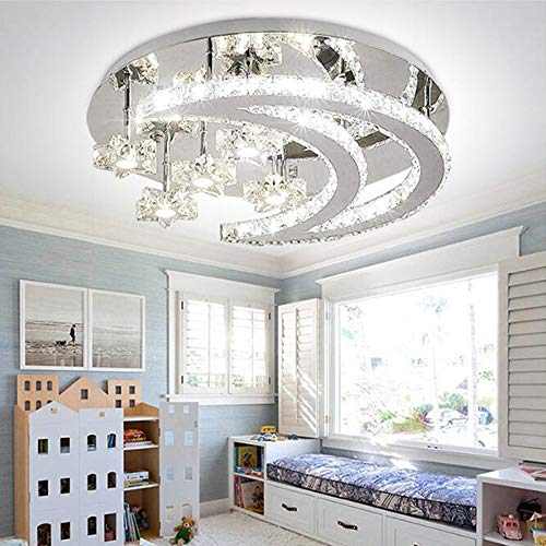 Kristall Deckenleuchte LED Dimmbare Deckenlampe Mit Sternen Und Mond Moderne Kronleuchter Für Wohnzimmer Schlafzimmer Esszimmer Korridor Balkon Innenbeleuchtung Deckenspot Mit Fernbedienung,60cm