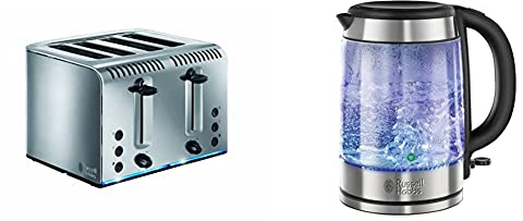 Russell Hobbs 20750 Buckingham 4-Slice Toaster, Polished, 2100 W, Stainless Steel & 21600-10 Illuminating Glass Kettle, Black, 1.7 Litre, 3000 Watt
