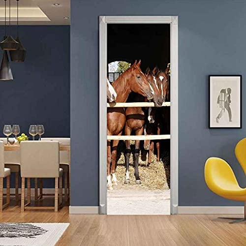 CBWRAW Türaufkleber 3D Türposter Für Wohnzimmer Küche Schlafzimmer Büro Dekoration - Pferdestall Tierpferd Wasserdicht Selbstklebend Abnehmbare Pvc Wandbild Art Decals Poster Tapete 77x200cm