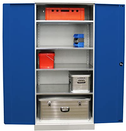 Schrank & Stuhl XXL Werkzeugschrank – Werkstattschrank/Aktenschrank mit 4 höhenverstellbaren, vollverzinkten Fachböden, 195x92x60, Grau/Blau