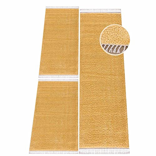 carpet city Bettvorleger Schlafzimmer Gelb - Shaggy Hochflor Bettumrandung - Teppich-Läufer-Set 2X 80x150 cm, 1x 80x300 cm - Einfarbige Schlafzimmerteppiche - Gelbe Läufer Bett