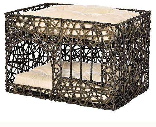 PawHut Cesta de Ratán para Gatos con 2 Cojines Suaves y Ventana de 2 Alturas Cama Cueva de Gatos 56x41x45 cm Café Oscuro