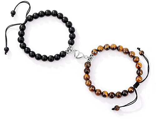 Yean Abstandspaar-Armband-Perlen-geflochtene Magnet-Armbänder ziehen Beziehungsarmband-Schmuck für Frauen Männer an(Tigerauge Stein + schwarz)