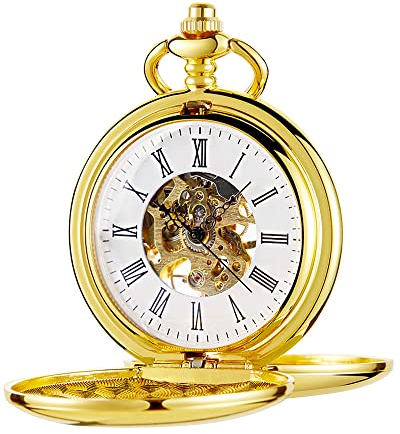 Tiong Double Hunter Mechanical Steampunk Pocket Watches Smooth Steel Skeleton Vintage Men's Pocket Watch with Chain & Box