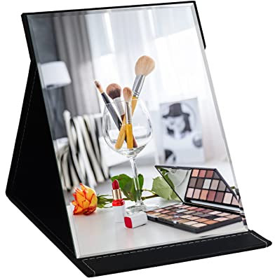 ZBEIVAN Miroir de Maquillage Pliable Extra Large de 30,5 x 22,9 cm, Miroir de courtoisie en Cuir synthétique sans Cadre avec Support pour Table de Bureau, Camping, Voyage, Personnel, Noir