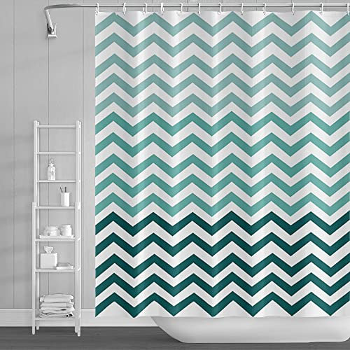 SDOTPMT 122x183cm Rideau de Douche Vague Rayure Vert Blanc Pente Horizontal Ondulé Zigzag Abstrait Géométrique pour Enfants Salle de Bains Polyester avec Crochets