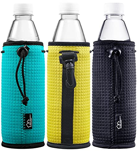 WKieason 16-18oz Neoprene Water Bottle Sleeves Insulators Beverage Bottle Can Sleeves Covers Beer Bottle Sleeves Coolers Holder Non-Slip Neoprene Drink Coolier Sleeves 3PC Pack (Black/Blue/Yellow)
