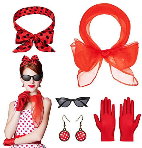 Hifot 50er Jahre Accessoires 1950s Rockabilly Accessoires Damen Polka Dots Bandana Haarband Schal Ohrringe Handschuhe Katzenaugen Sonnenbrille Damen Vintage