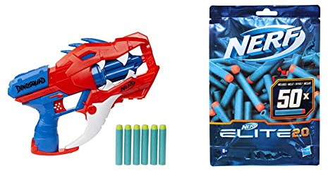 Nerf DinoSquad Raptor-Slash Blaster, 6-Dart Rotationstrommel, Schnellfeuer, 6 Darts, Velociraptor Dinosaurier Design & Elite 2.0 50er Dart Nachfüllpackung – 50 Nerf Elite 2.0 Darts