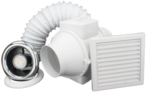 VENTS 4 inch Inline Bathroom Extractor Fan Kit Silent Timed Universal Loft Ventilation System with Chromed LED Light for 100 mm Flexible Duct Shower White Plastic Louvre