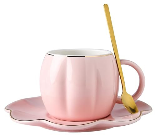 COGOALL Ceramic Coffee Cup, Tea Cup and Saucer Set with Spoon, Handbag Styling Espresso Mug Set, Creative Bag Shape Dessert Coffee Cup Set Gift Tea Cup 310ml (Pink)