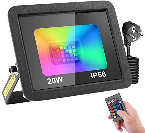 RGB LED Strahler mit Stecker 20W,LED Fluter mit Fernbedienung & Memory-Funktion,16 Farben 4 Modi Farbwechsel Flutlichtstrahler,IP66 Wasserdicht LED Außenstrahler für Garten Party Stimmungslichter