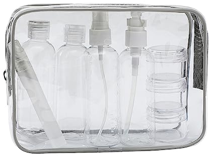 MOCOCITO Kulturbeutel durchsichtig und 8 Stück Reiseflasche Set (max.100ml) | Kulturtasche für Flüssigkeiten Kulturtasche für Handgepäck Kosmetiktasche Reiseflaschen(Grau)