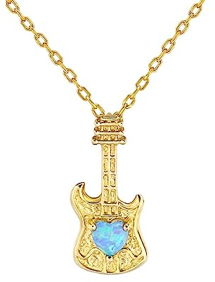 AMDXD 18K 750 Gelbgold Halskette für Damen, Gitarre Anhänger mit Labor Erstellt Opal Blau Herz, Au750 Gold Ketten Damen Echt Goldschmuck, Gold, 45cm