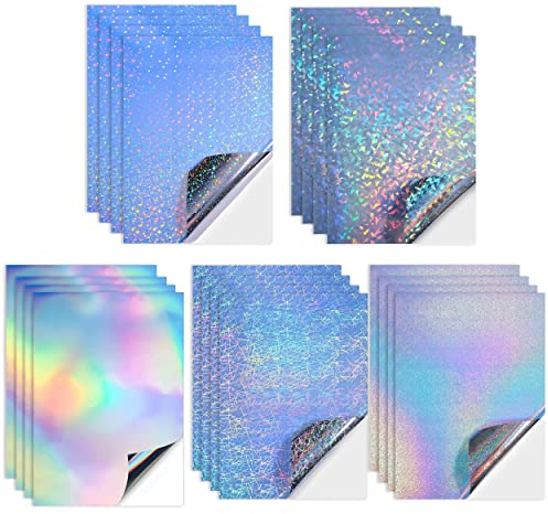 Holographische Aufkleber Papier, 20 Blatt 5 Styles A4 Druckbare Klare Vinyl Aufkleber Papier, Schnell Trocknen Rainbow Selbstklebend Aufkleber für Laser und Tintenstrahldrucker DIY Aufkleber