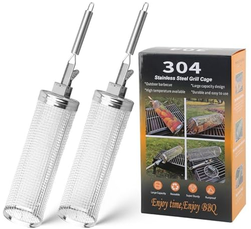 Lxoraziy 2 PCS 11.8inch Rolling Grilling Basket, Portable Stainless Steel Vegetable Grill Basket, Outdoor Camping Cooking BBQ Accessories for Outdoor Camping and Picnic, BBQ Accessories Tool