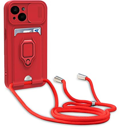 yanasuo Camera Protection Lanyard Phone Case for iphone 15, Card Holder, Slide Camera Cover, Silicone Cord Strap rope Shell TPU Shockproof Bumper Cover-Red