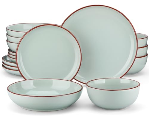 vancasso NYMPH Juego de Vajilla Completa de 16 Piezas, Platos Vajilla con Diseño de Borde Marrón in Gres, 4 Platos Llanos, 4 Platos de Postre, 4 Platos Hondos y 4 Tazones de Cereales, Jade verde