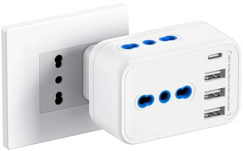 LENCENT Multipresa Salvaspazio da 10A, 2500W Multipla Presa con 3 Prese IT, Adattatore Spina Elettrica con USB 4 Porte, Caricatore Spina USB, Tripla Presa da Muro per Ufficio Casa Viaggio