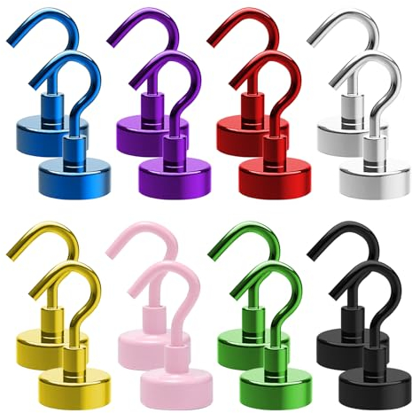 Rebanky Pack of 16 Magnetic Hooks, Multicoloured Magnetic Hooks, Small Hooks, Magnetic Reusable Magnets Hooks, Strong for Iron Doors, Refrigerators, Kitchen, Clothes Rack, Office