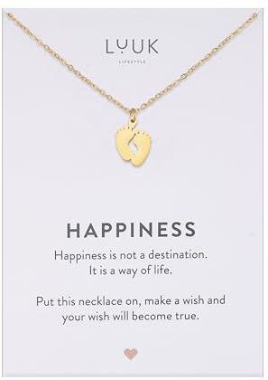 LUUK LIFESTYLE Collar con colgante de y de acero inoxidable tarjeta frase HAPPINESS 50 cm, cadena resistente al agua, amuleto de la suerte, joyería minimalista, regalo para mujer, aniversario, dorado