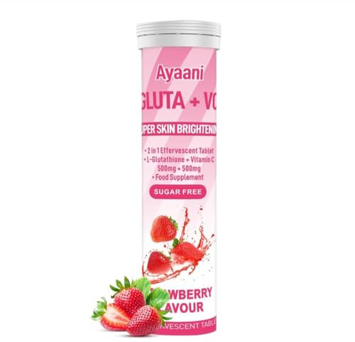 Ayaani Glow Supplement - 500mg Glutathione & 500mg Vitamin C - Antioxidant Support and Detoxification - Strawberry Flavour - 20 Count Vegan Beauty Drink Effervescent Tablets